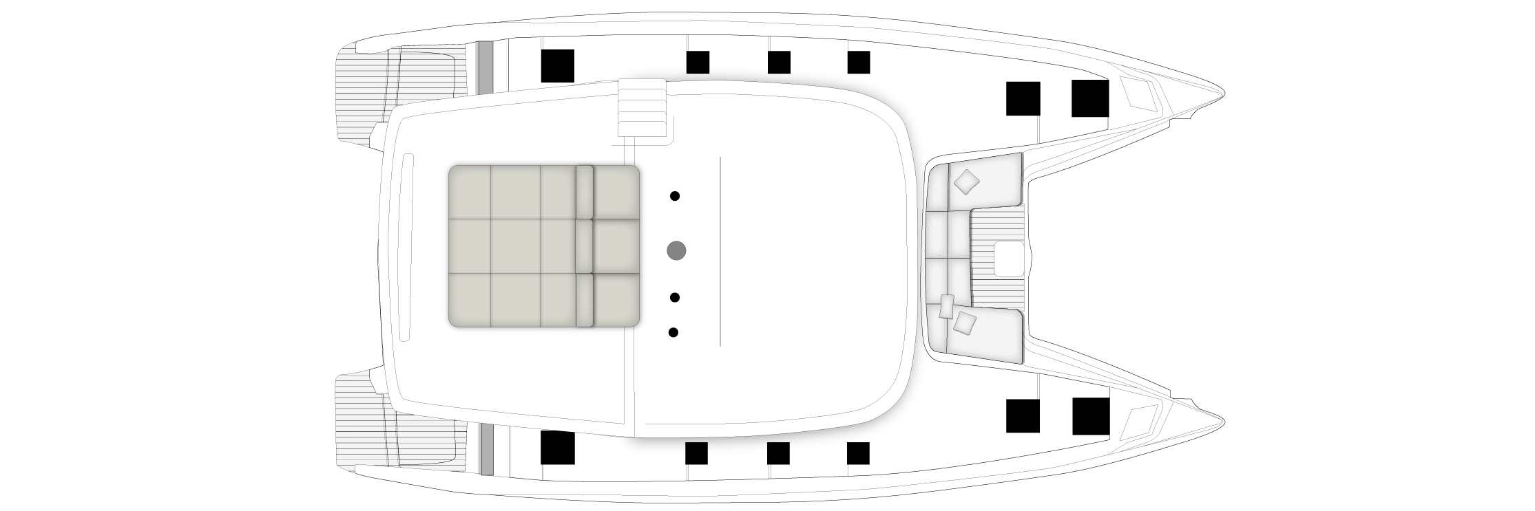 Top-down deck plan of a luxury yacht showing a central cabin, a large cushioned sun deck, and forward seating areas