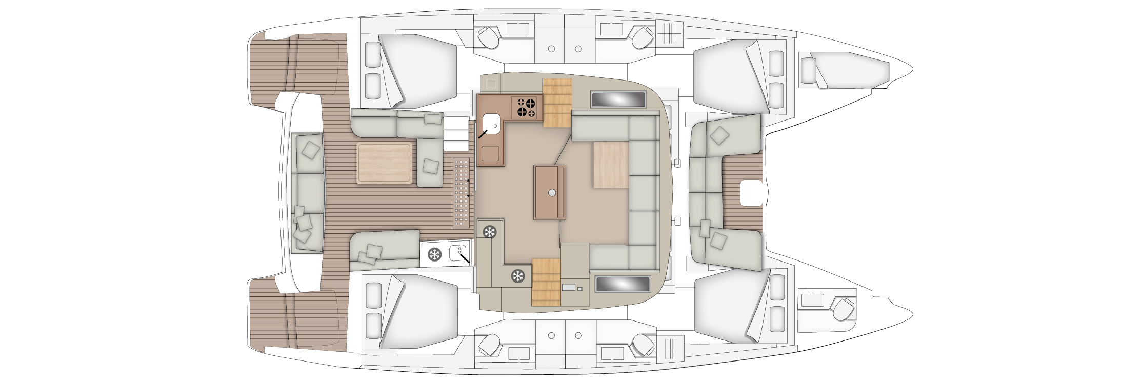 Top-down floor plan of a luxury catamaran interior: central saloon with L-shaped sofa and dining table, full kitchen galley with stove and sink, and adjacent stairs; two cabins on each side of the hulls with beds; multiple seating and deck areas on the exterior.