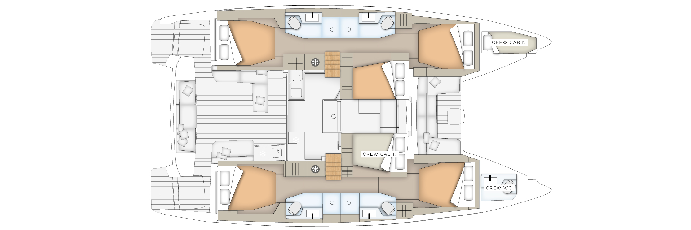 Top-down floor plan of a catamaran showing guest cabins, crew cabins, and central living area.
