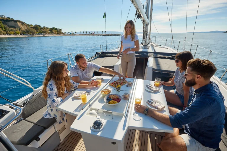 Friends dining on a sailboat at sea, with fruit and drinks on a white table and a sunny coastline in the background.