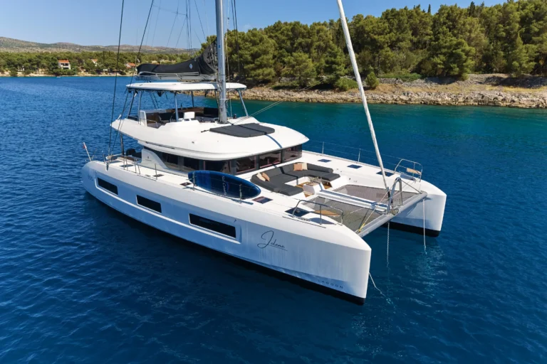 White catamaran yacht on bright blue water with a forested rocky shore in the background, viewed from above.