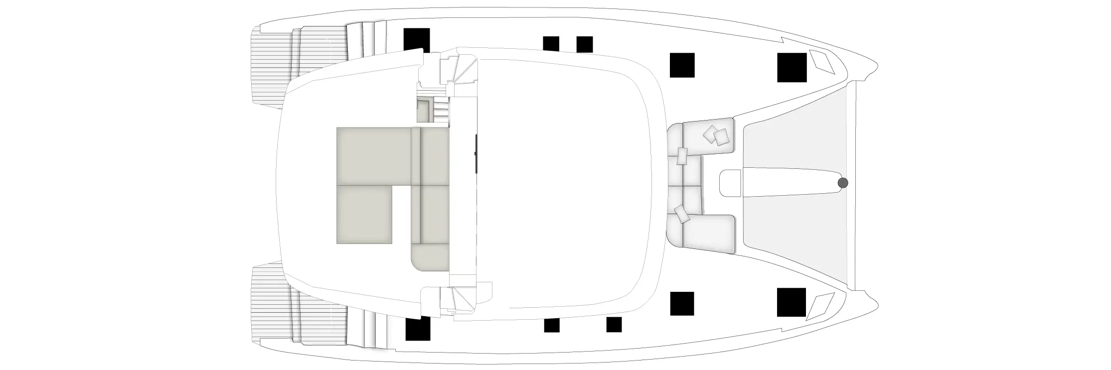Top-down floor plan of a camper van: rear L-shaped sofa, central aisle, and front driver area.