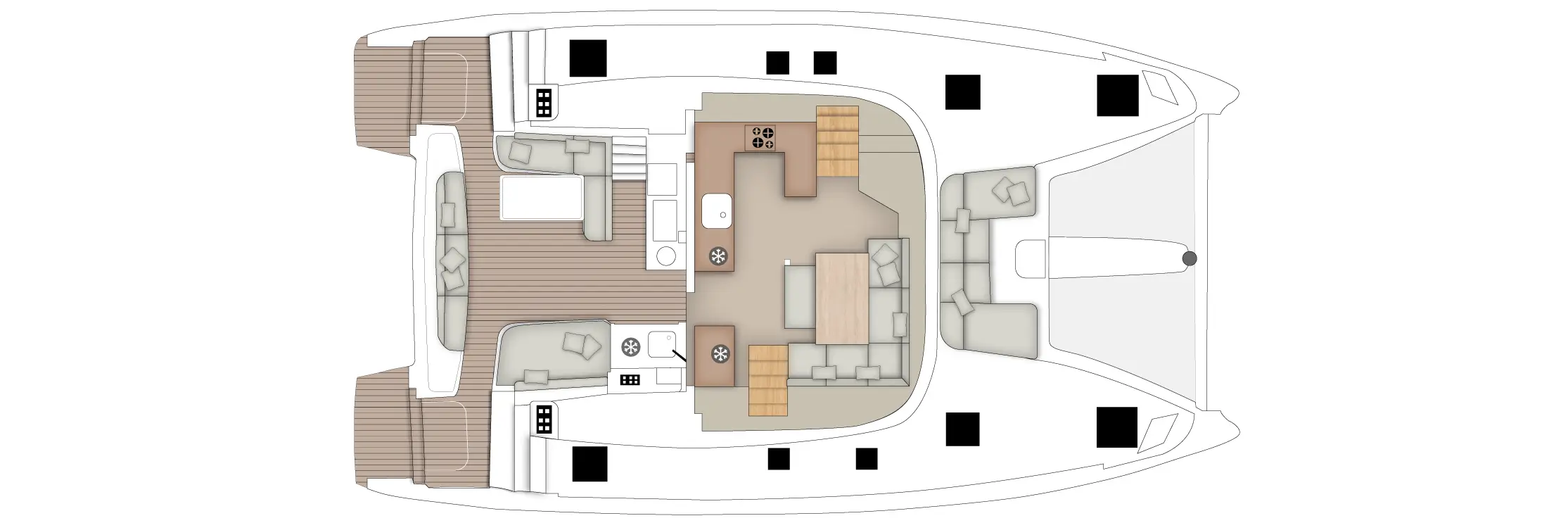 Top-down layout of a luxury catamaran: aft deck lounges, central galley and dining area, forward cabins and heads.
