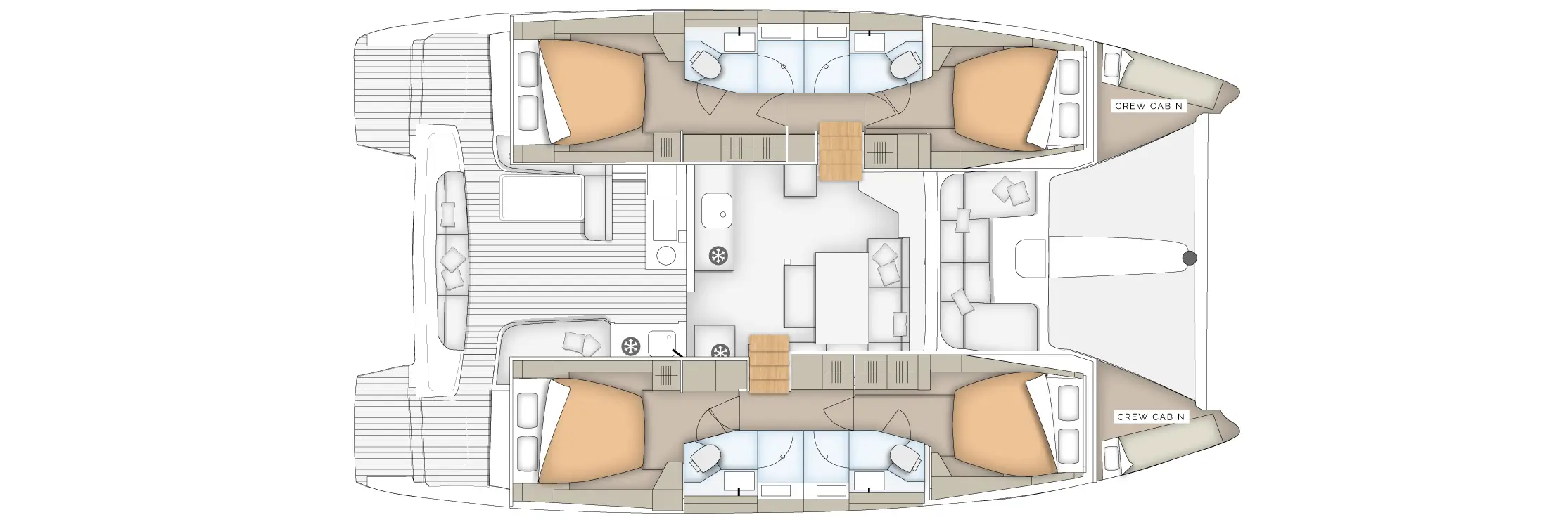 Aerial floor plan of a catamaran showing two hulls with guest cabins, a central living area, galley, dining table, outdoor decks, and crew cabins at the bow and sterns, plus stairs connecting decks.