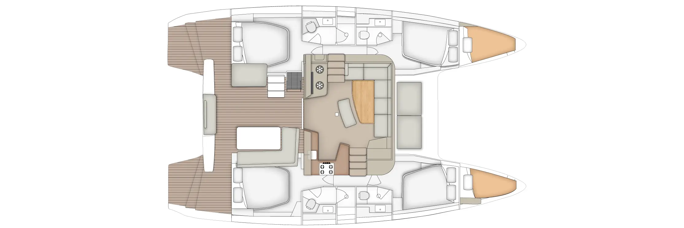 Top-down floor plan of a catamaran: central saloon with curved sofa and dining table, galley, and four cabins with bathrooms plus outdoor decks at stern and bow.