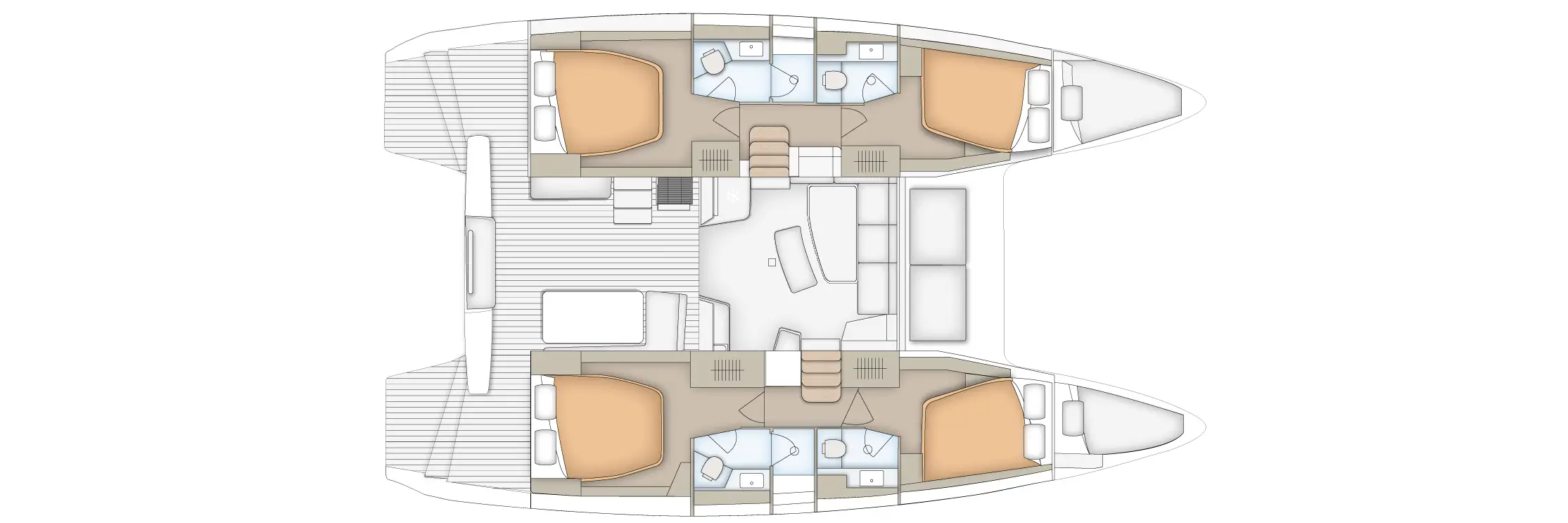 Top-down layout of a catamaran showing two hulls with four cabins, en-suite bathrooms, a central saloon, and exterior decks.