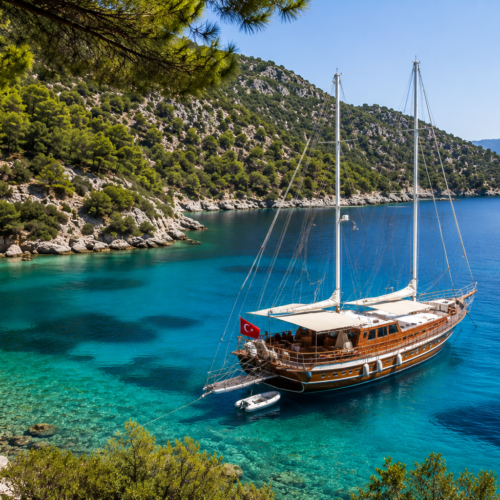 image 21 | Sail in Greece™ Wooden sailboat anchored in a turquoise cove, turquoise waters and pine-covered rocky hills in the background, Turkish flag fluttering at stern