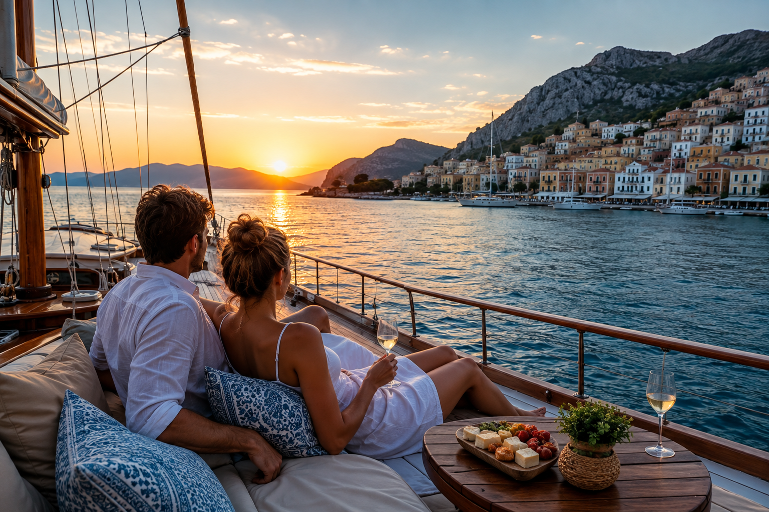 Couple lounging on a yacht at sunset with a coastal town and boats along the harbor in the background.