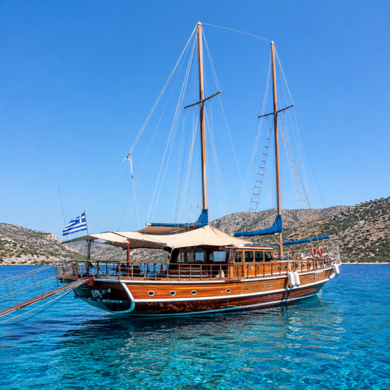 kos image 3 | Sail in Greece™ | Sail in Greece™ Wooden sailing yacht anchored on calm blue water with Greek flag and rocky hills in the background.