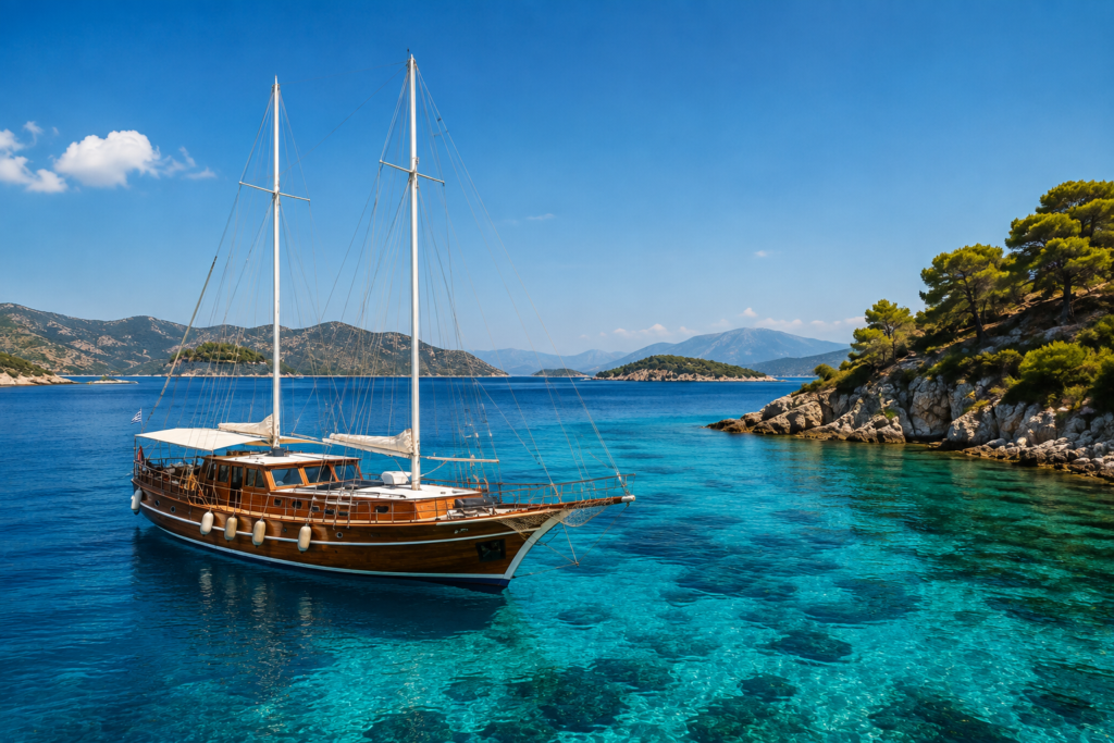 Wooden two-masted sailing yacht anchored in clear blue-green waters near a rocky shoreline with pine trees nearby.