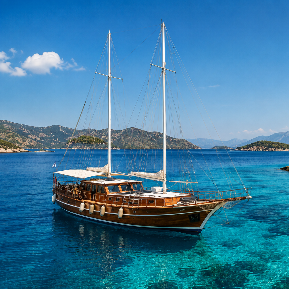 Wooden two-masted sailing yacht anchored in clear blue-green waters near a rocky shoreline with pine trees nearby.
