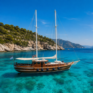 Classic wooden sailing yacht with two masts moored in crystal-clear turquoise water near a rocky pine-covered coastline under a bright blue sky.