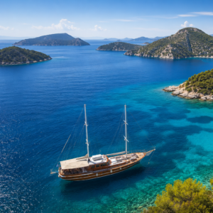 Two-masted wooden sailing yacht anchored in a clear turquoise bay, with rocky, tree-covered islands surrounding it.