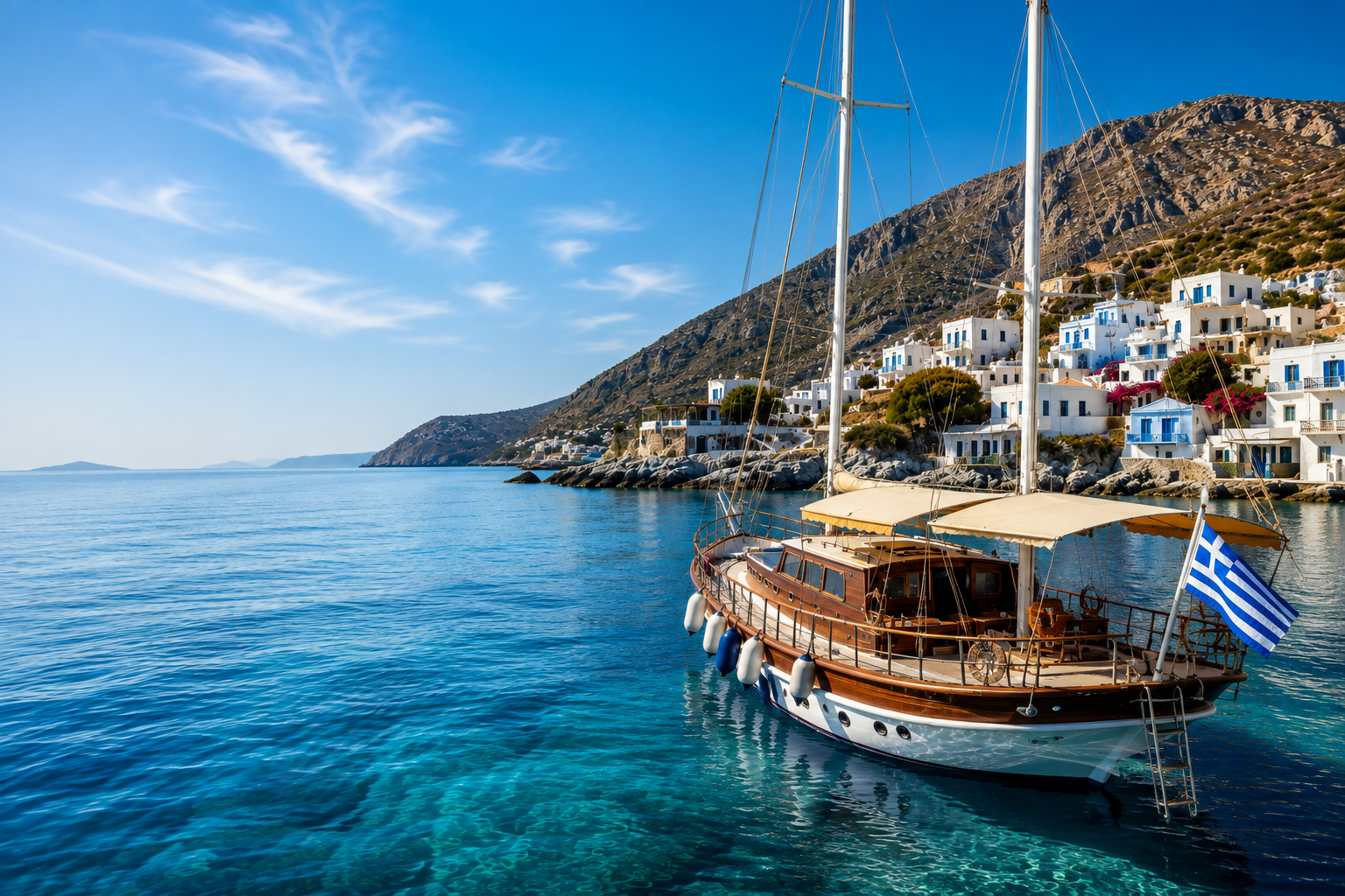 Wooden sailboat moored in a clear blue harbor with white hillside houses and a Greek flag nearby.