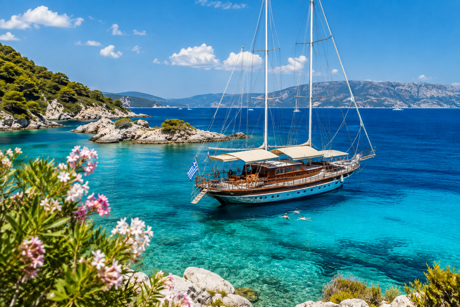 Two-masted wooden sailing yacht moored in a turquoise bay, rocky coastline and green hills in the background, pink flowers in the foreground.