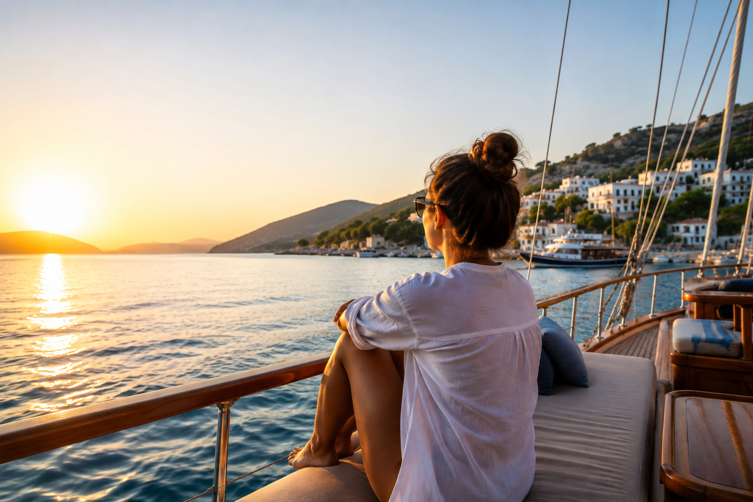 Woman seated on a sailboat railing at sunset, gazing toward the coastal town and hills beyond.