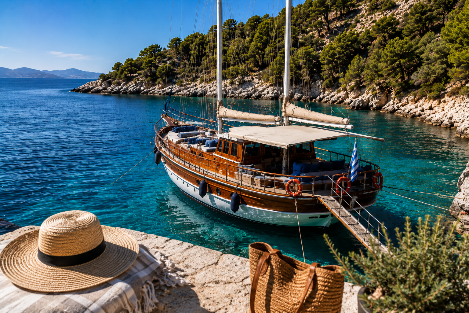 Wooden sailboat anchored in turquoise water near a rocky pine-covered coastline; a straw hat and woven bag sit on the rocky shore in the foreground.