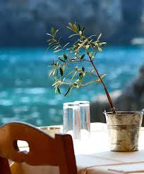 exp-rhode-2 | Sail in Greece™ Outdoor cafe table with a small potted olive plant and salt and pepper shakers, overlooking a blue lake.