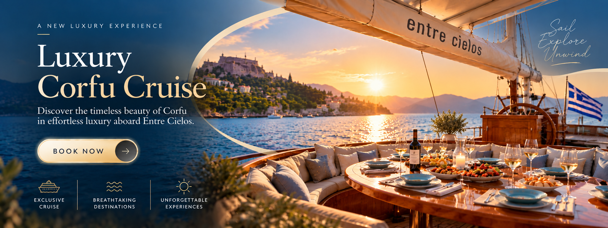 Luxurious yacht dining setup at sunset with a round table of wine glasses and plates on a yacht deck, Corfu coastline in the background